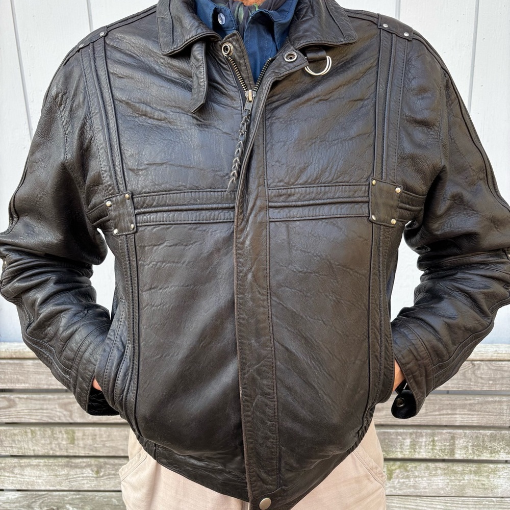 BRUNO GIOVANNI—VTG Dark Brown Leather Bomber Motorcycle Jacket—Men 42—Korea—VG